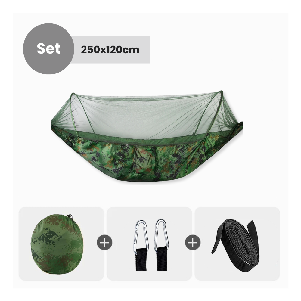 HÄNGEMATTE MIT MOSKITONETZ 120x250cm – Dein Rückzugsort in der Natur