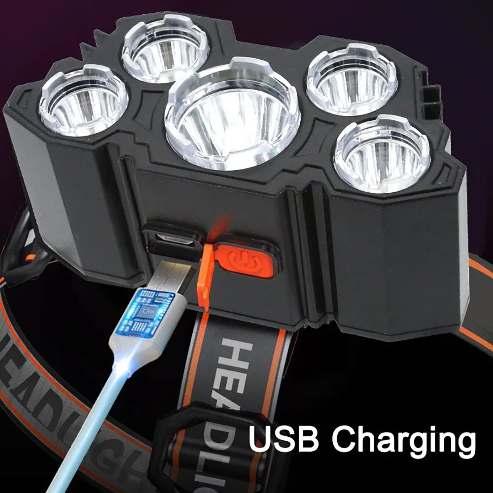 Stirnlampe wiederaufladbar 5 LED für die Perfekte Ausleuchtung
