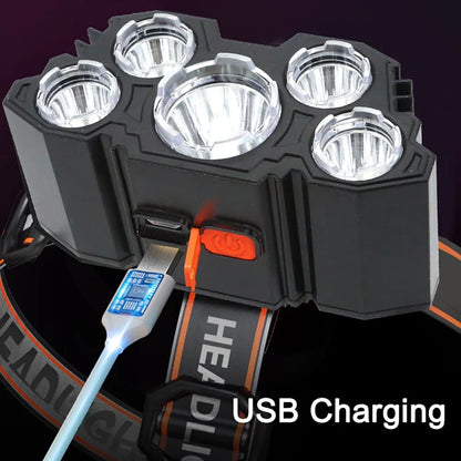 Stirnlampe wiederaufladbar 5 LED für die Perfekte Ausleuchtung